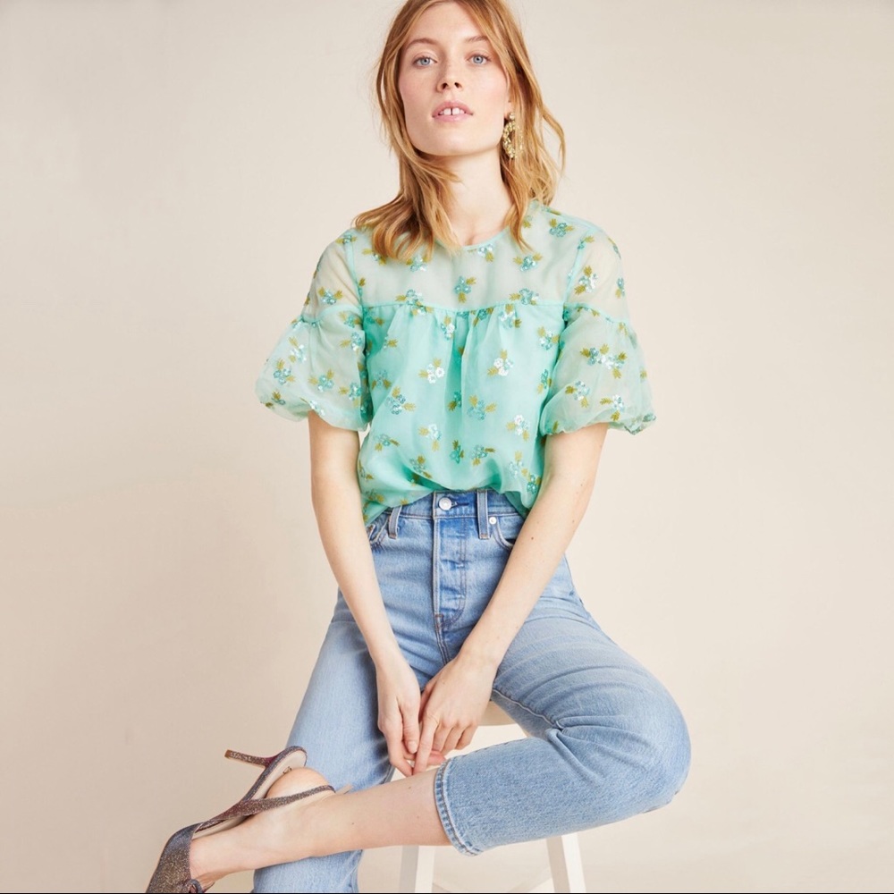 Anthropologie 0 Sabine Beaded Mint Blouse Top NWT